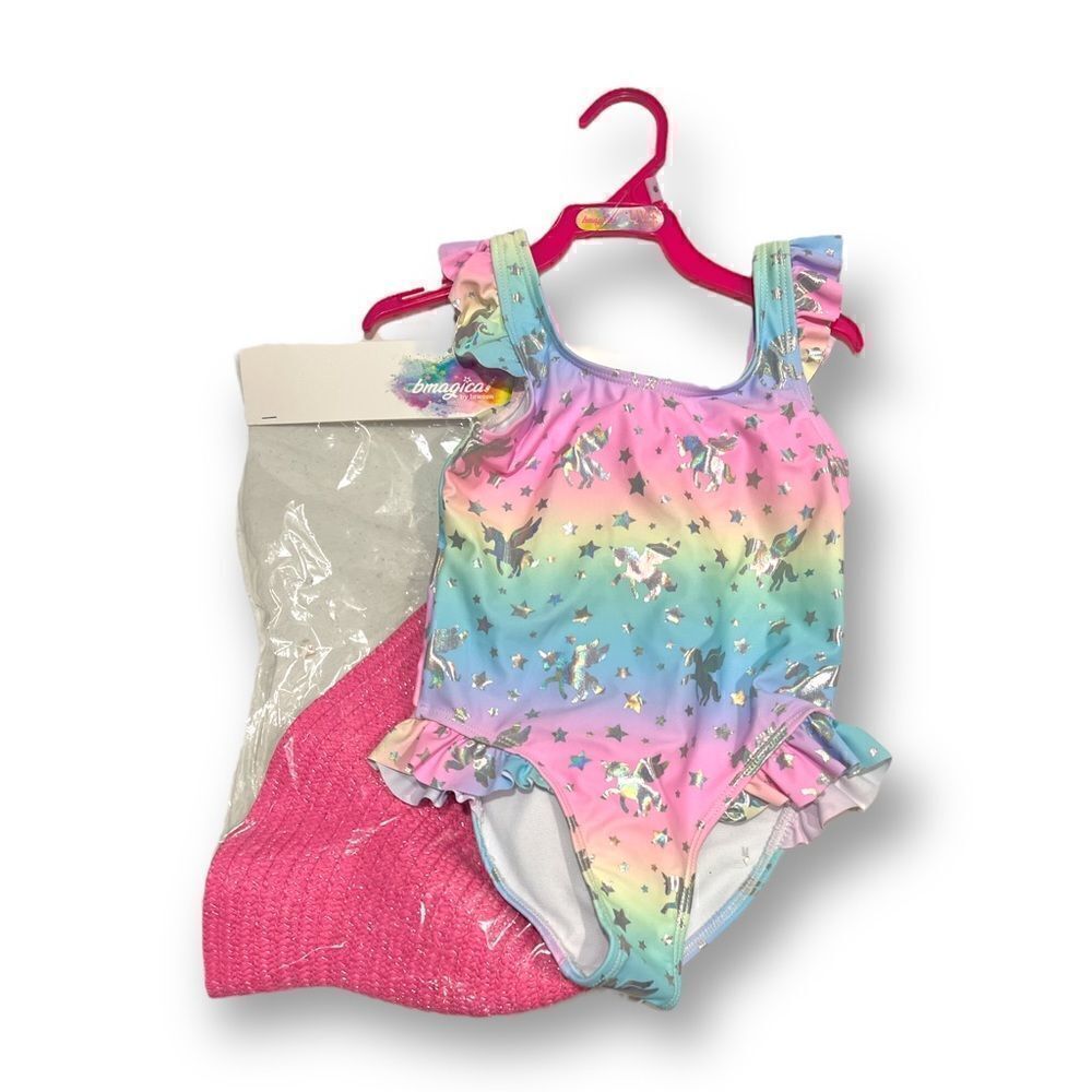 Bmagical by Btween Unicorn Rainbow Ruffle One Piece Swimsuit Sun Hat NWT